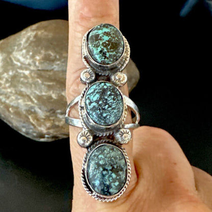 Navajo Blue Spiderweb Turquoise Multi-Stone Ring | Authentic Native American Sterling Silver | Sz 10 | 16712