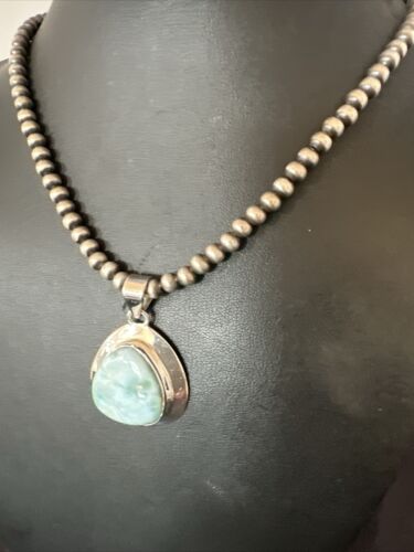 Navajo Blue Larimar Pendant Necklace | Sterling Silver Beads | Authentic Native American Handmade | 17605