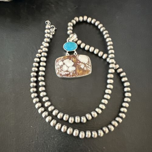 Men's Wild Horse Blue Kingman Turquoise Necklace | Sterling Silver SW Pendant | Multi-Stone | 17326