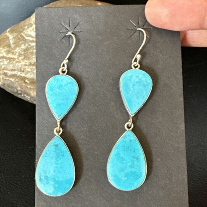 Navajo Blue Kingman Turquoise Dangle Earrings | Sterling Silver | Authentic Native American Handmade | 15122