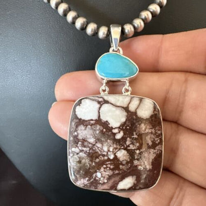 Men's Wild Horse & Blue Kingman Turquoise Necklace | Sterling Silver SW Pendant | 17320