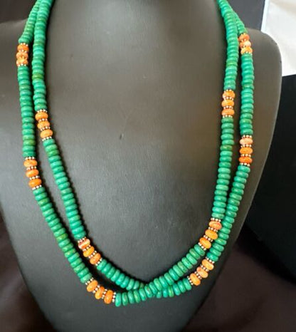 Navajo Green Turquoise Spiny Oyster Necklace | Sterling Silver | 21" | Authentic Native American Handmade | 10123