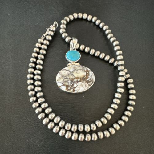 Navajo Wild Horse Blue Kingman Turquoise Necklace | Sterling Silver | Authentic Native American Handmade | 17323