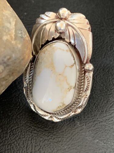 Navajo White Buffalo Turquoise Ring | Sterling Silver | Sz 8 | Authentic Native American Handmade | 01961