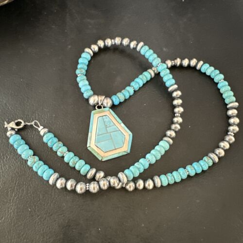 Navajo Turquoise Inlay Pendant Necklace | Sterling Silver | Authentic Native American Handmade | 17077