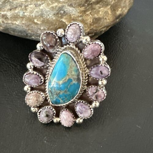 Navajo Cluster Blue Kingman Turquoise Charoite Ring | Authentic Native American Sterling Silver | Multi-Stone | Sz 9 | 17179