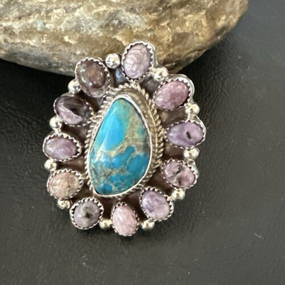 Navajo Cluster Blue Kingman Turquoise Charoite Ring | Authentic Native American Sterling Silver | Multi-Stone | Sz 9 | 17179