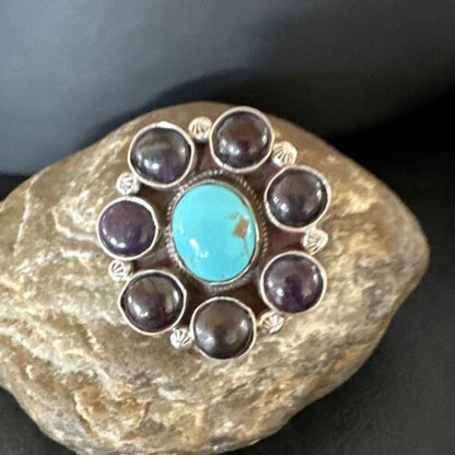 Navajo Blue Kingman Turquoise and Sugilite Cluster Ring | Authentic Native American Sterling Silver | Multi-Stone | Sz 7 | 16773