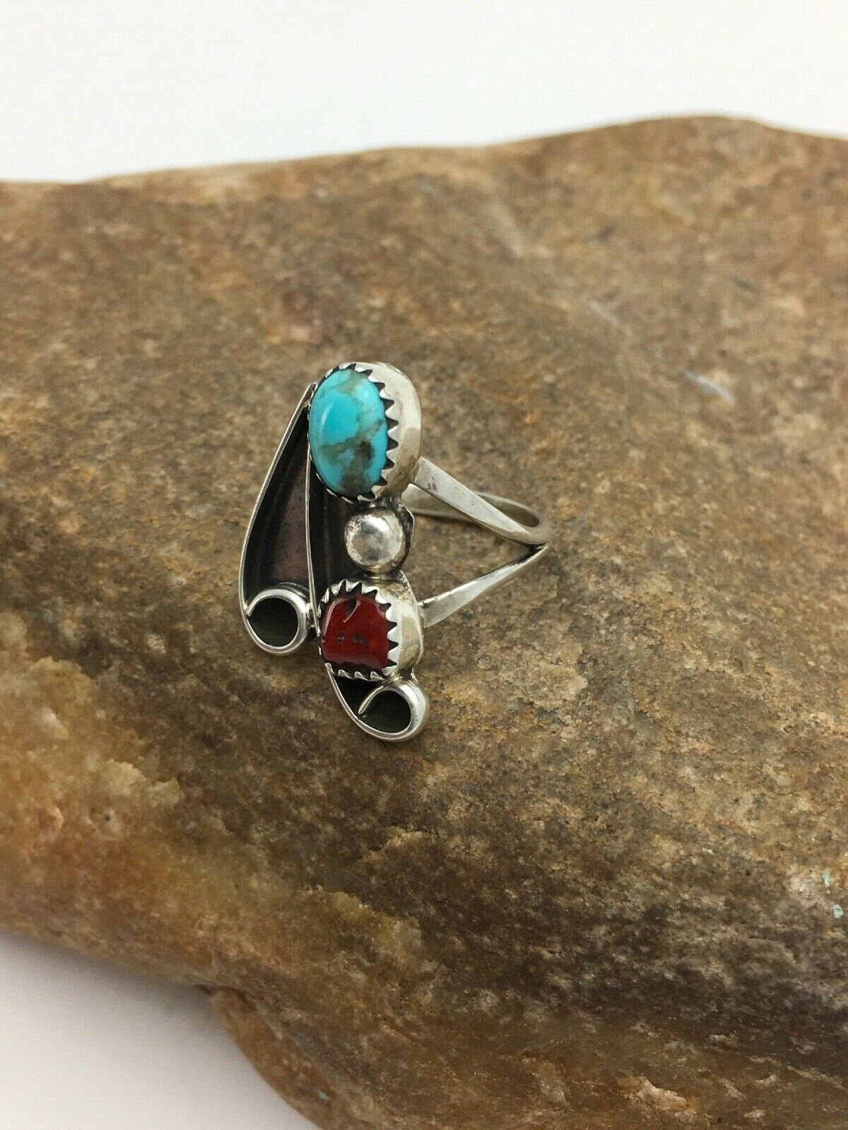 Navajo Blue Turquoise Coral Ring | Authentic Native American Sterling Silver | Multi-Stone | Sz 6.5 | 2780