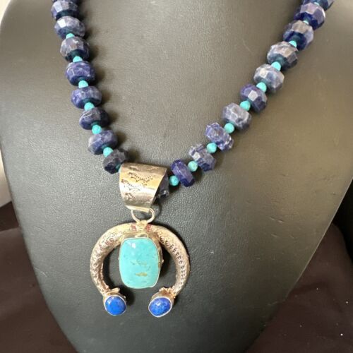 Navajo Blue Denim Lapis Turquoise Naja Pendant Necklace | Sterling Silver | Native American Handmade | 16320