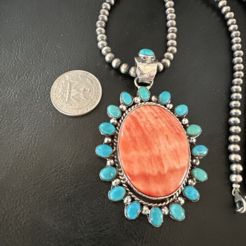 Navajo Kingman Turquoise & Red Spiny Oyster Pendant Necklace | Sterling Silver | 16014