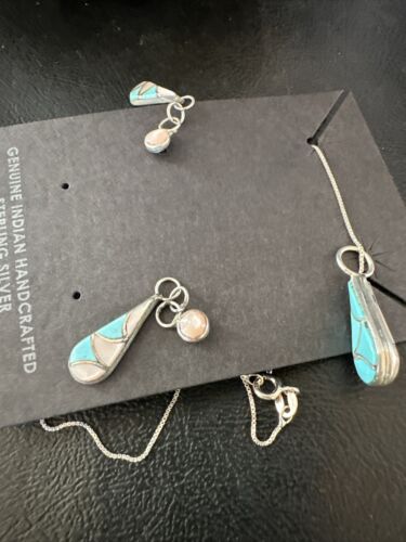 Zuni Turquoise & Pink Mother of Pearl Inlay Pendant Necklace & Earrings Set | Double Sided | Sterling Silver | Native American Handmade | 17493
