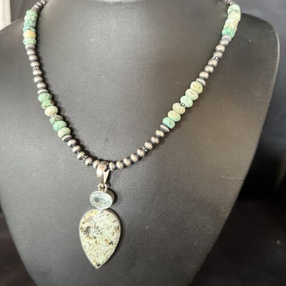 Navajo Green Turquoise Pendant Necklace | Sterling Silver | 21" | Authentic Native American Handmade | 14473