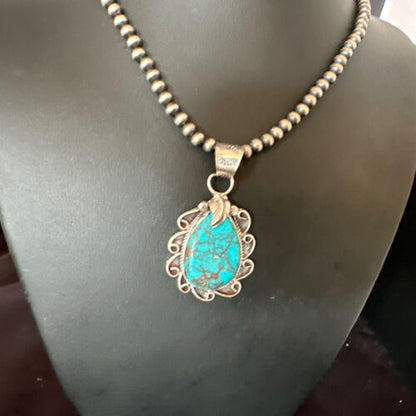 Men's Blue Kingman Turquoise Pendant Necklace | Navajo Pearls | Sterling Silver | 16017