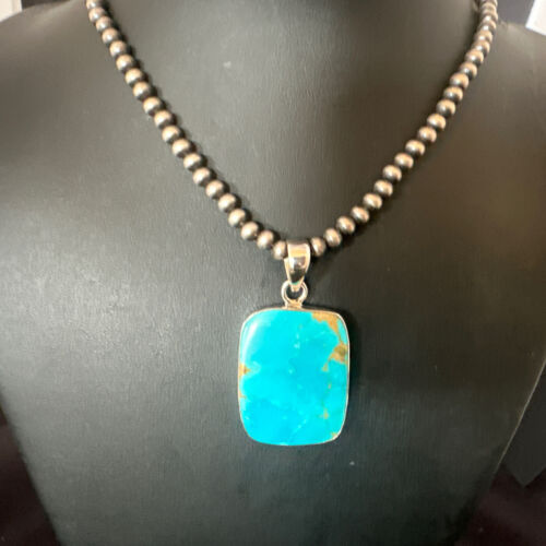 Navajo Blue Kingman Turquoise Pendant Necklace | Sterling Silver Pearls | 20" | 16699