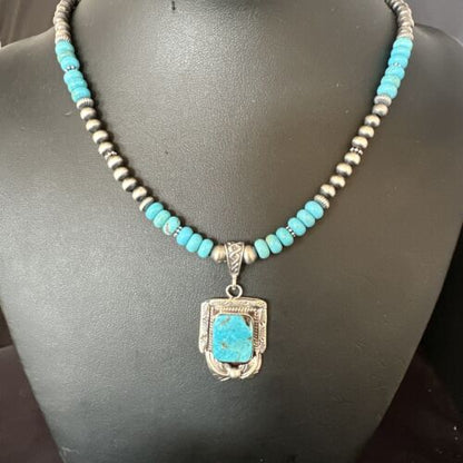 Navajo Blue Turquoise Pendant Necklace | Sterling Silver Pearls | Authentic Native American Handmade | 15420