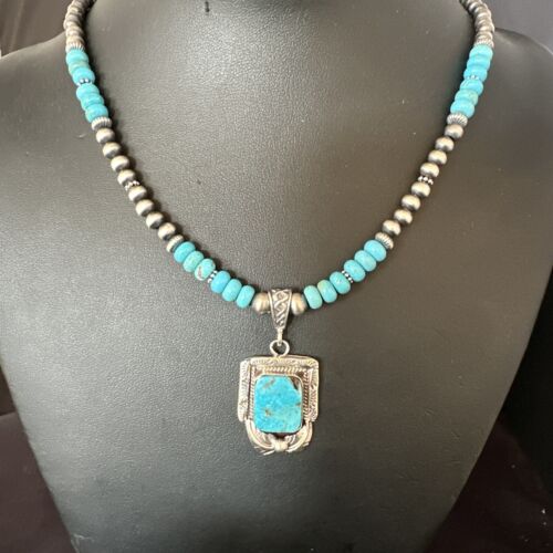Navajo Blue Turquoise Pendant Necklace | Sterling Silver Pearls | Authentic Native American Handmade | 15420
