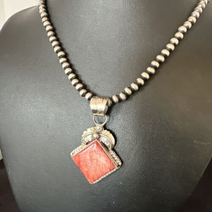 Navajo Red Spiny Oyster Pendant Necklace | Sterling Silver | Authentic Native American Handmade | 16144