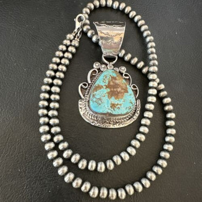 Navajo Royston Turquoise Pendant with Pearls | Sterling Silver Necklace | Authentic Native American Handmade | 17064