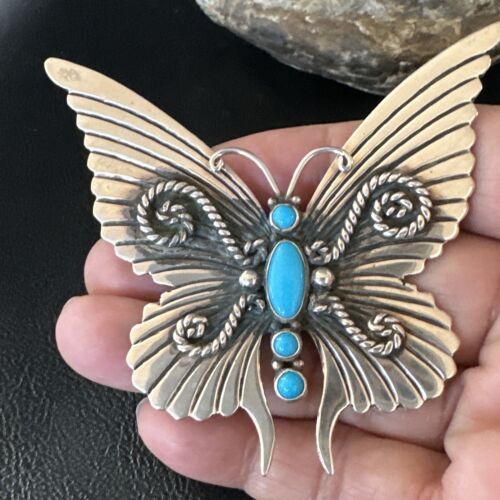 Navajo Butterfly Blue Turquoise Pin Pendant | Sterling Silver | Authentic Native American Handmade | 15232