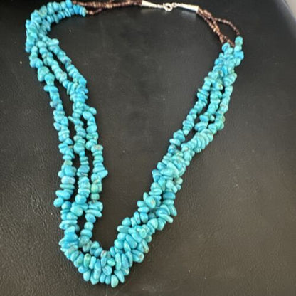 Blue Kingman Nugget Turquoise Necklace | 3-Strand Navajo Sterling Silver | 20" | 15340