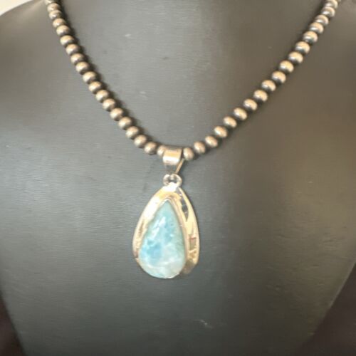 Navajo Blue Larimar Pendant Necklace | Sterling Silver Beads | Authentic Native American Handmade | 16962