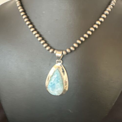 Navajo Blue Larimar Pendant Necklace | Sterling Silver Beads | Authentic Native American Handmade | 16962