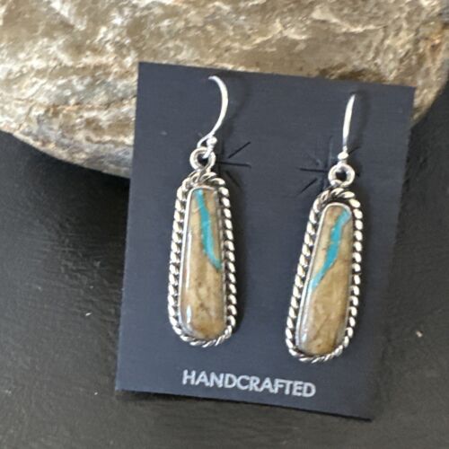 Navajo Blue Boulder Turquoise Dangle Earrings | Sterling Silver | Authentic Native American Handmade | 16498