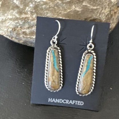Navajo Blue Boulder Turquoise Dangle Earrings | Sterling Silver | Authentic Native American Handmade | 16498