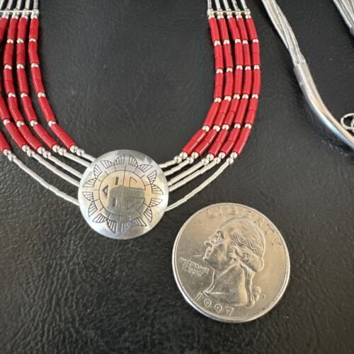 Navajo Concha Red Coral Heishi Necklace | 5 Strand Liquid Sterling Silver | 20" | 15878