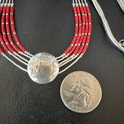 Navajo Concha Red Coral Heishi Necklace | 5 Strand Liquid Sterling Silver | 20" | 15878
