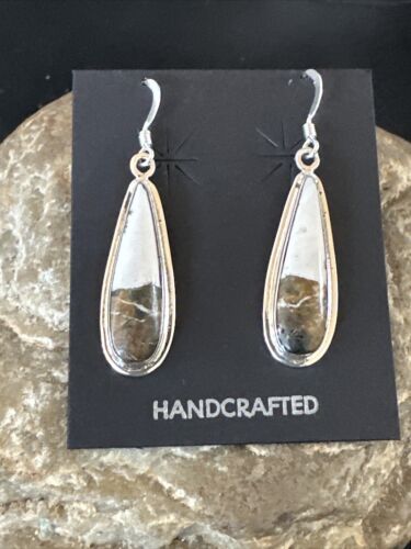 Navajo White Buffalo Turquoise Dangle Earrings | Sterling Silver | Authentic Native American Handmade | 16521