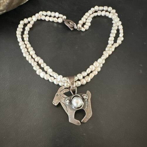 Navajo Old Pawn White Freshwater Pearl Sterling Silver Pendant Necklace | 14" Multi-Strand | 17369