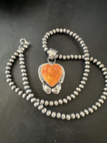 Navajo Orange Spiny Oyster Heart Pendant Necklace | Sterling Silver | Authentic Native American Handmade | 16414