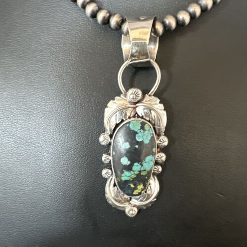 Navajo Blue Spiderweb Turquoise Pendant | Sterling Silver Pearls Necklace | Authentic Native American Handmade | 15092