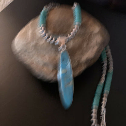 Navajo Blue Turquoise Opal Inlay Pendant Necklace | Sterling Silver | Authentic Native American Handmade | 11473
