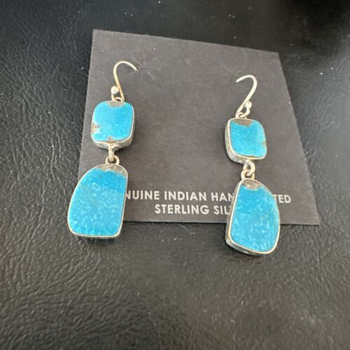 Navajo Blue Kingman Turquoise Dangle Earrings | Sterling Silver | Authentic Native American Handmade | 15111