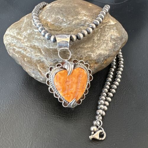Navajo Orange Spiny Oyster Heart Pendant Necklace | Sterling Silver | Authentic Native American Handmade | 16294