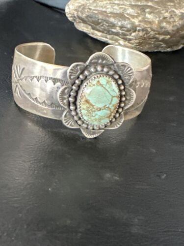 XL Men's Blue #8 Turquoise Cuff Bracelet | Navajo Sterling Silver | Authentic Native American Handmade | 15855
