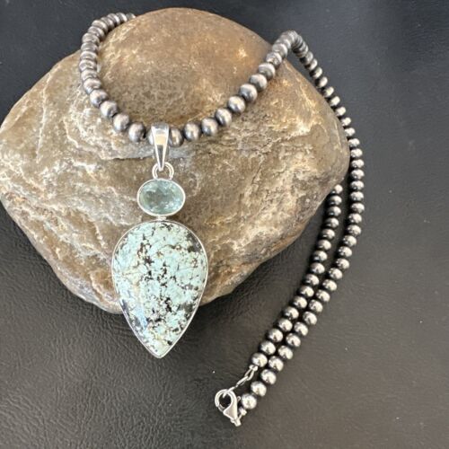 Navajo Dry Creek Turquoise Topaz Pendant Necklace | Sterling Silver | Authentic Native American Handmade | 16443