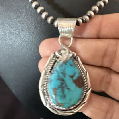 Navajo Blue Kingman Turquoise Pendant Necklace | Sterling Silver Pearls | Authentic Native American Handmade | 16024