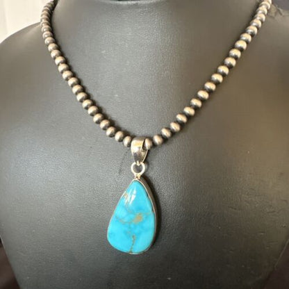 Navajo Blue Kingman Turquoise Pendant with Pearls | Sterling Silver Necklace | 20" | 16702