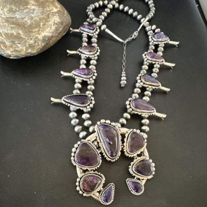 Navajo Squash Blossom Necklace with Purple Sugilite Pendant | Sterling Silver | 28" | 16940