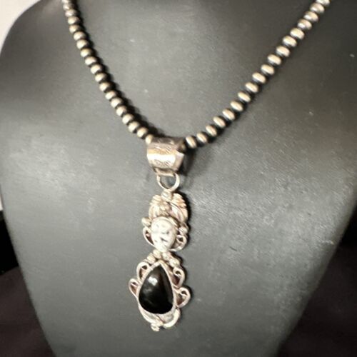 Navajo White Buffalo Turquoise & Onyx Pendant Necklace | Sterling Silver | Multi-Stone | 15315