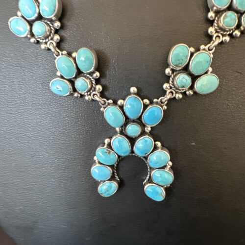 Rare Sleeping Beauty Kingman Turquoise Squash Blossom Necklace | Sterling Silver | 16269