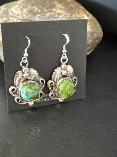 Navajo Green Sonoran Gold Turquoise Dangle Earrings | Sterling Silver | Authentic Native American Handmade | 14914