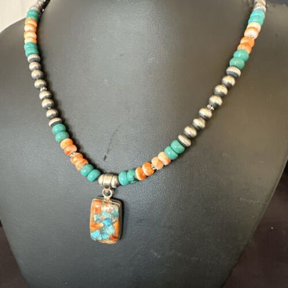 Navajo Spiny Turquoise Pendant Necklace | Sterling Silver | 22" | Authentic Native American Handmade | 17430