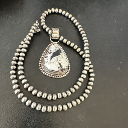 Navajo White Buffalo Turquoise Pendant | Sterling Silver Pearls Necklace | Authentic Native American Handmade | 17107