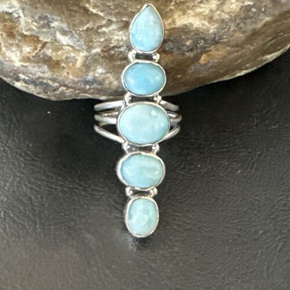 Navajo Blue Larimar Multi-Stone Cluster Ring | Authentic Native American Sterling Silver | Multi-Stone | Sz 7.5 | 17557