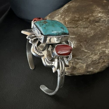 Kingman Turquoise Coral Cuff Bracelet | Navajo Tufa Cast | Sterling Silver | Authentic Native American Handmade | 16780